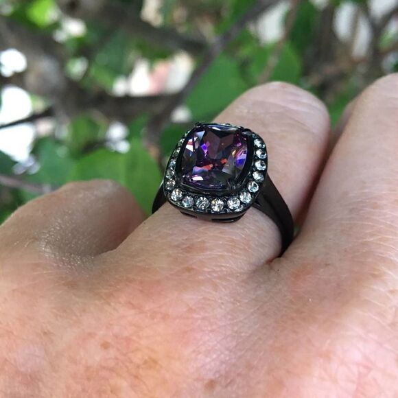 Stainless Steel Amethyst black ion plating AAA CZ Ring Size 8 - Picture 2 of 5